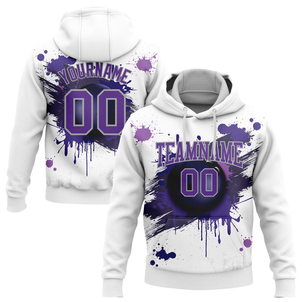 Custom Stitched White Purple-Gray 3D Dripping Splatter Bowling Ball Sports Pullover Sweatshirt Hoodie