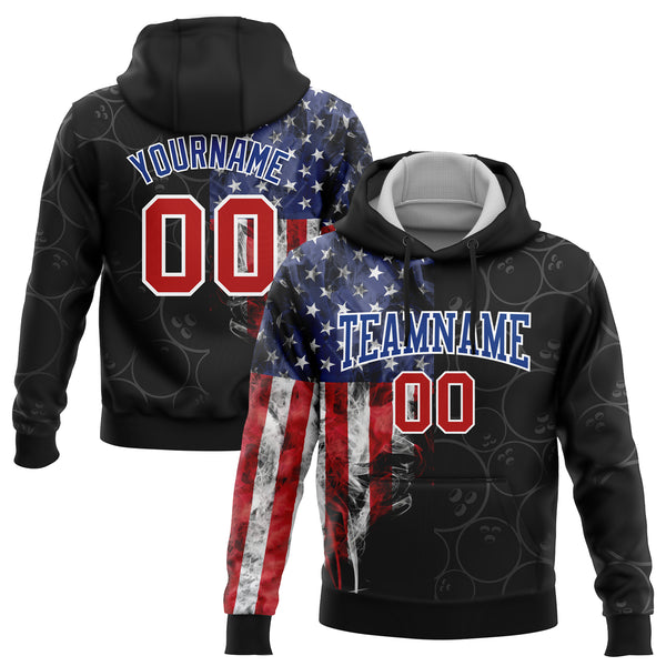 Custom Stitched Black Red-Royal 3D American Flag Bowling Sports Pullover Sweatshirt Hoodie