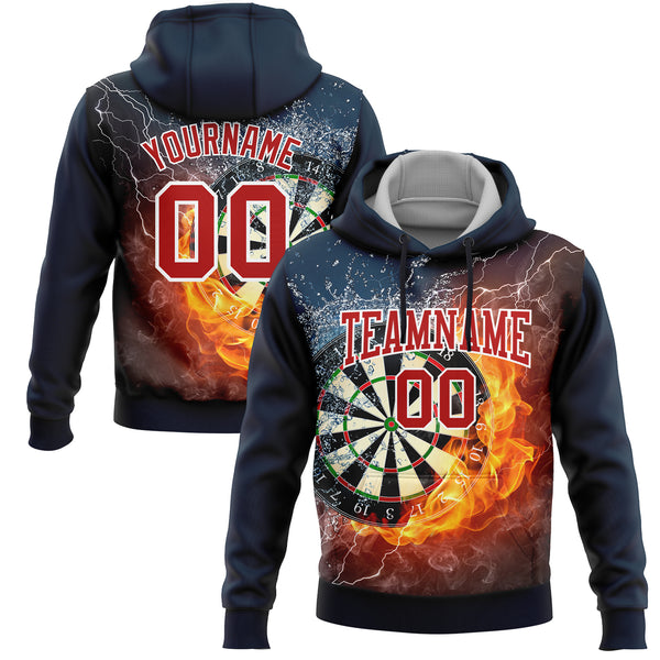 Custom Stitched Navy Red-White 3D Flame Dart Board Sports Pullover Sweatshirt Hoodie