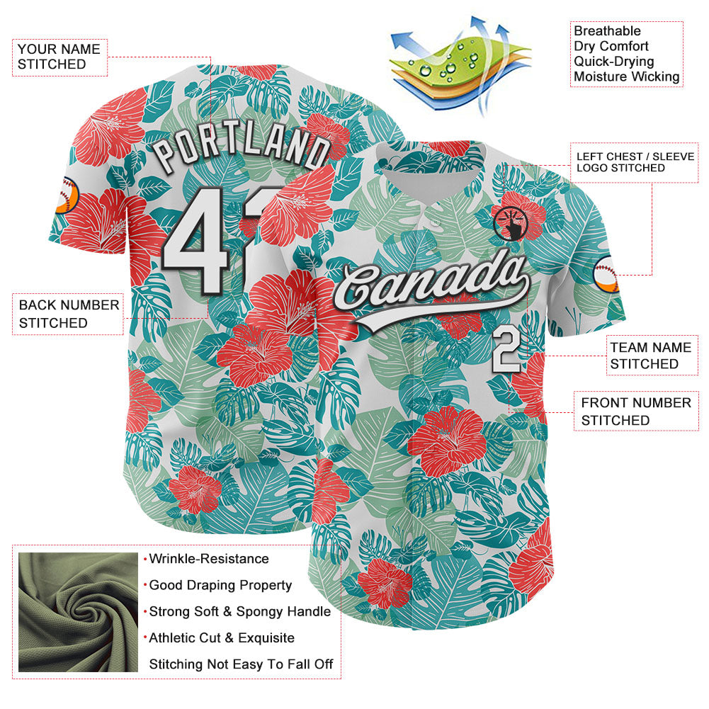 Custom White Black 3D Tropical Hawaii Jungle Leaves And Flower Authentic Baseball Jersey