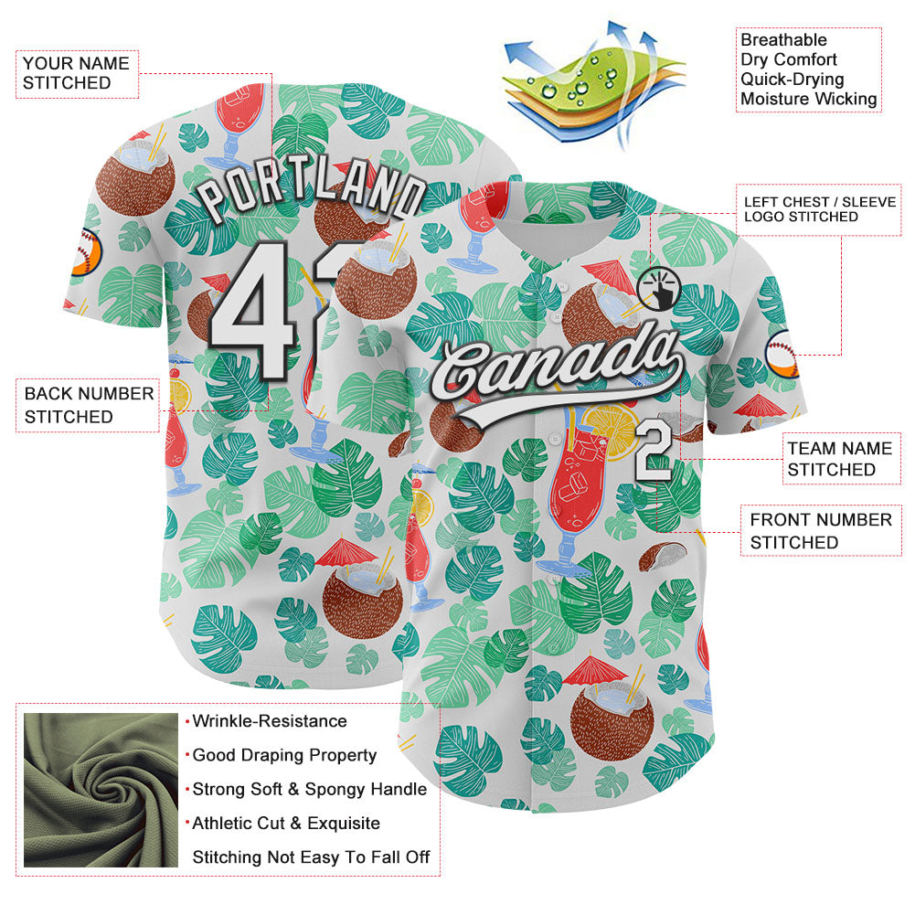 Custom White Black 3D Tropical Hawaii Jungle Leaves And Flower Authentic Baseball Jersey