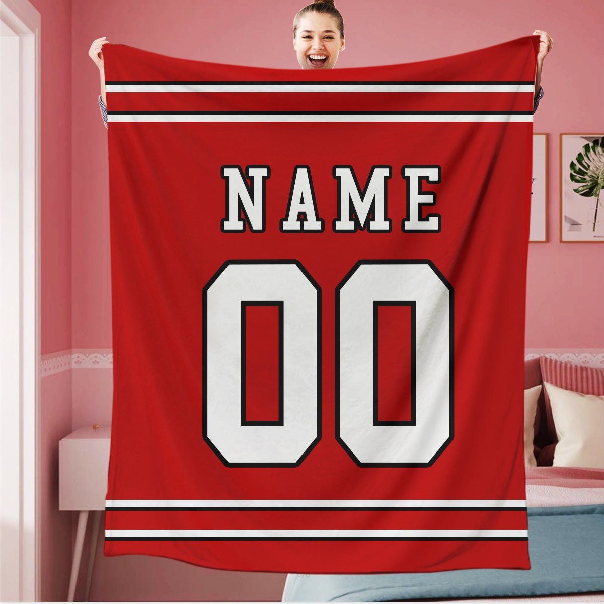 Personalized Red White Team Sports Blanket