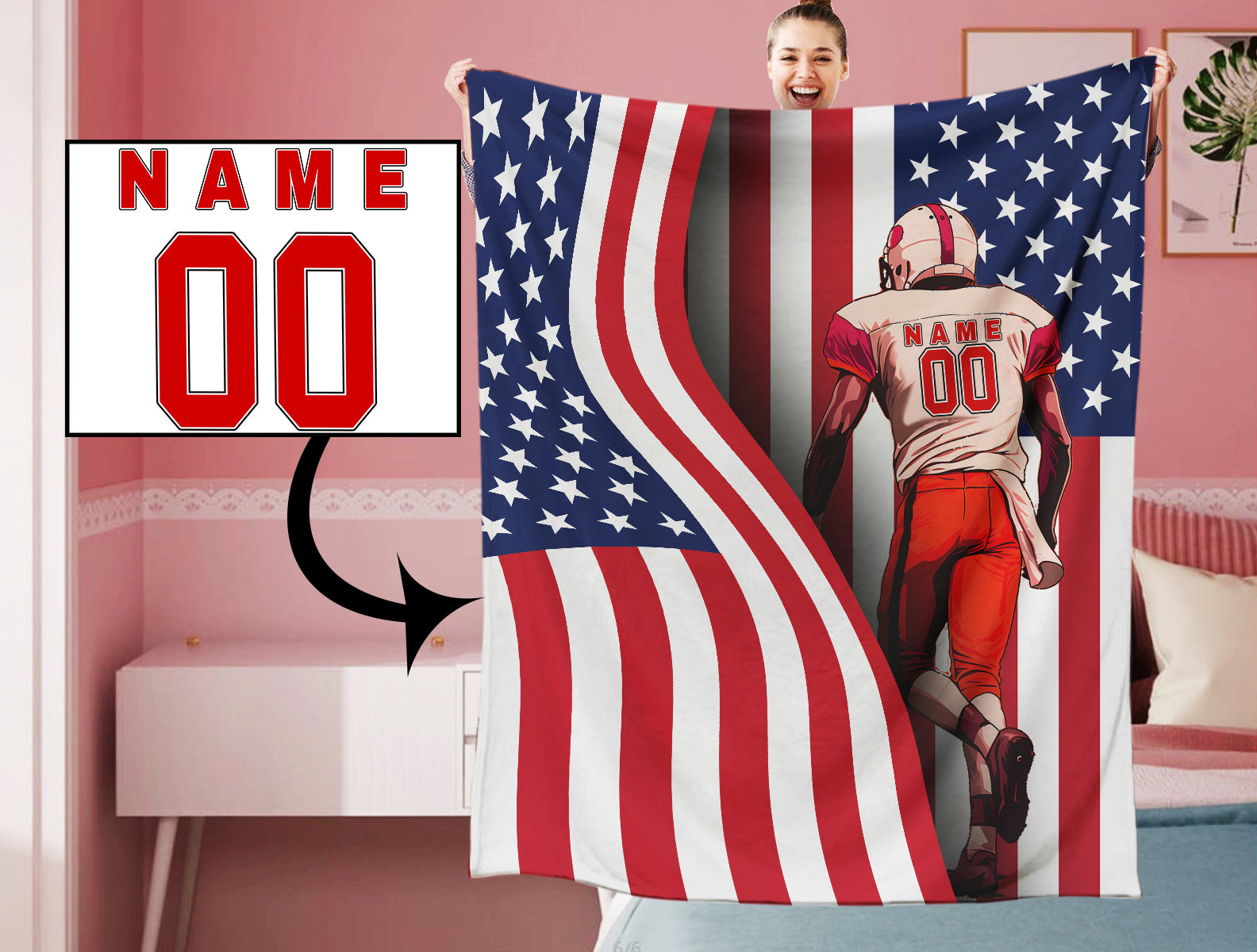 Personalized Name Number American Flag Football Blanket