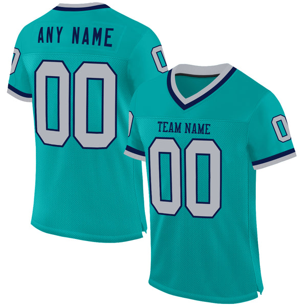 Custom Aqua Gray-Navy Mesh Authentic Throwback Football Jersey