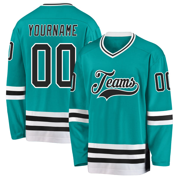 Custom Aqua Black-White Hockey Jersey