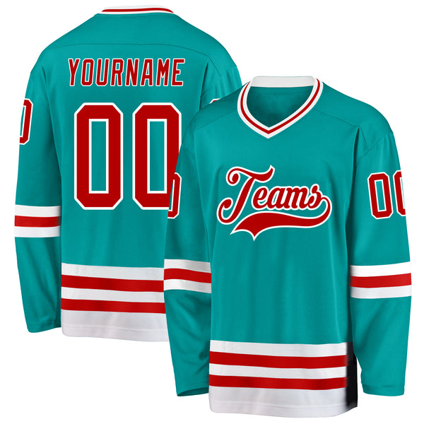 Custom Aqua Red-White Hockey Jersey