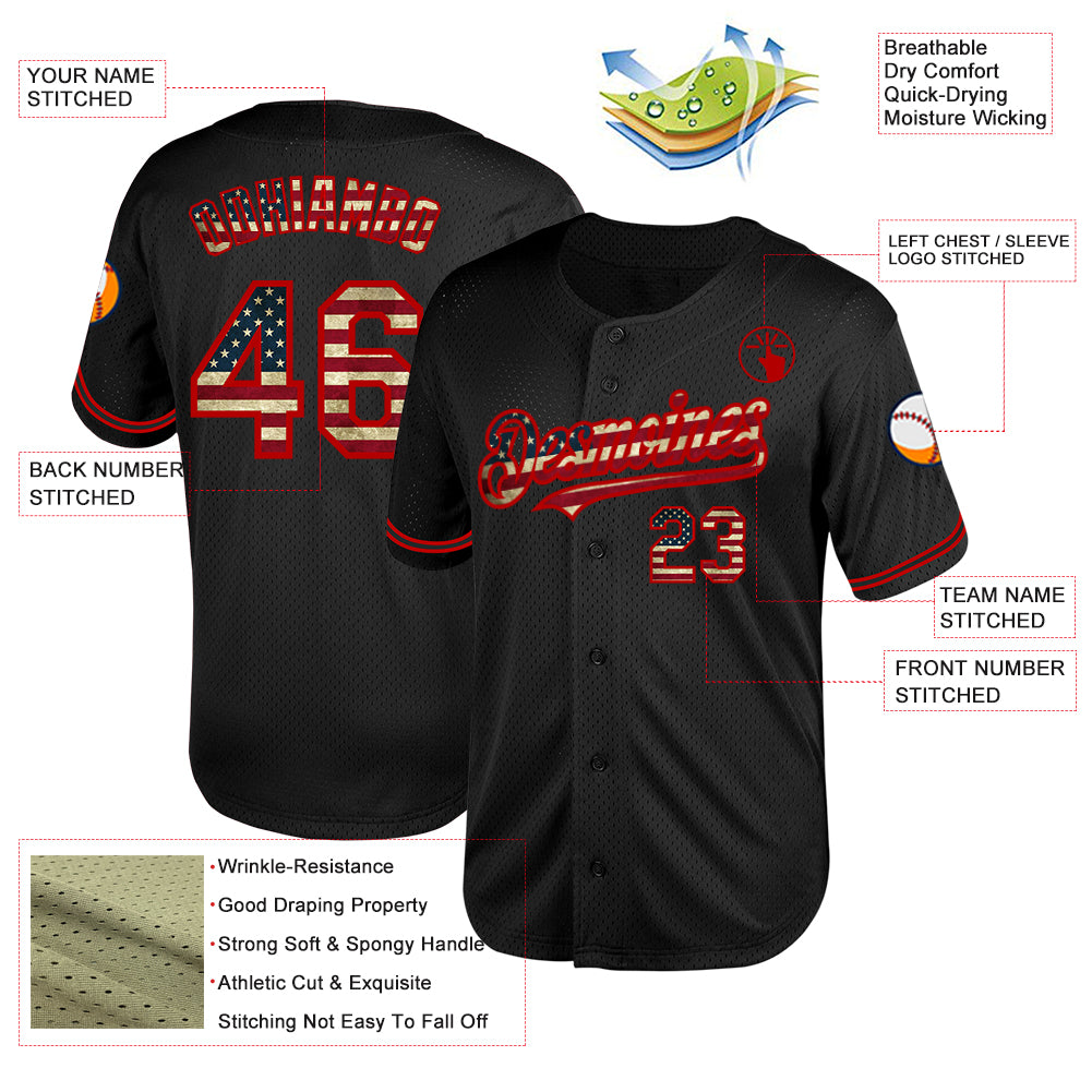 Custom Black Vintage USA Flag-Red Mesh Authentic Throwback Baseball Jersey