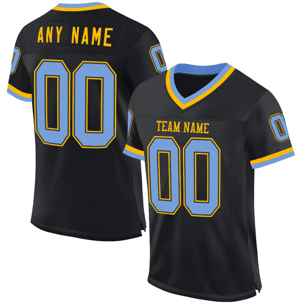 Custom Black Light Blue-Gold Mesh Authentic Throwback Football Jersey