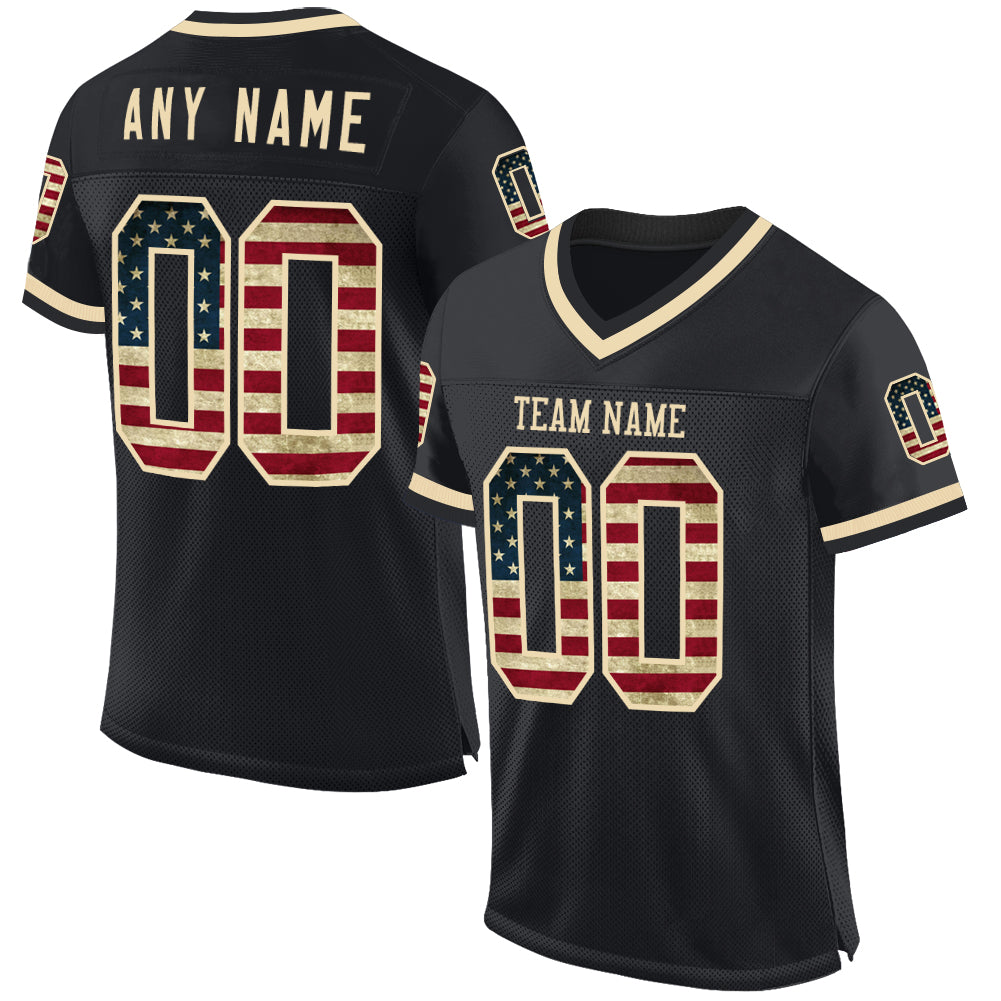 Custom Black Vintage USA Flag-Cream Mesh Authentic Throwback Football Jersey