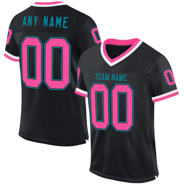 Custom Black Pink-Teal Mesh Authentic Throwback Football Jersey