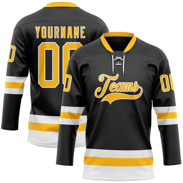 Custom Black Gold-White Hockey Lace Neck Jersey