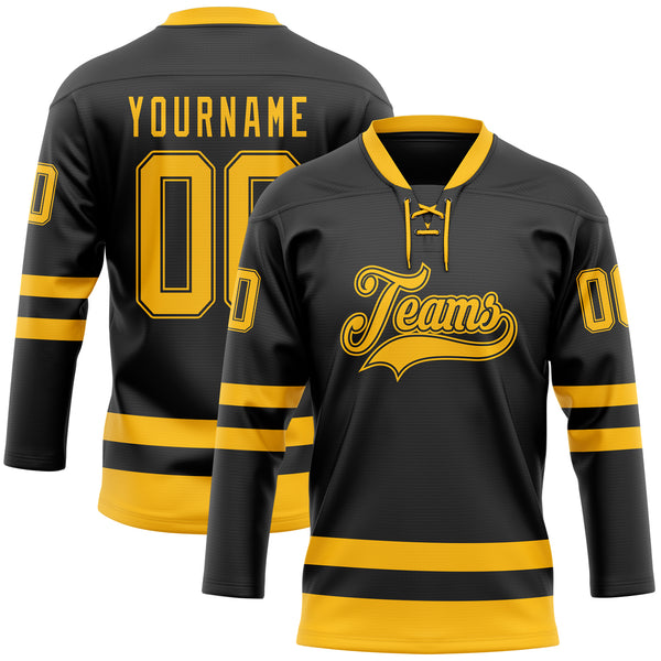 Custom Black Gold Hockey Lace Neck Jersey