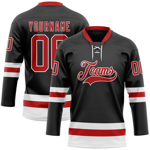 Custom Black Red-White Hockey Lace Neck Jersey