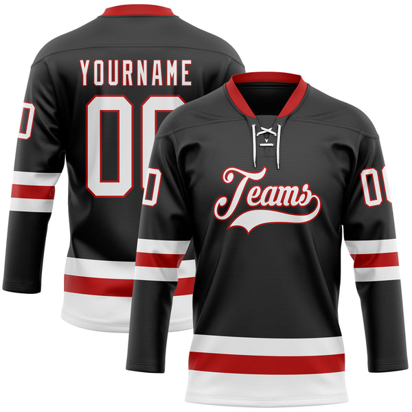 Custom Black White-Red Hockey Lace Neck Jersey