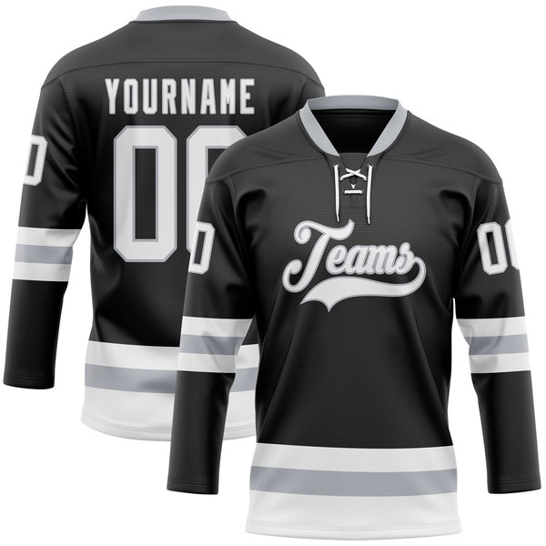 Custom Black White-Gray Hockey Lace Neck Jersey