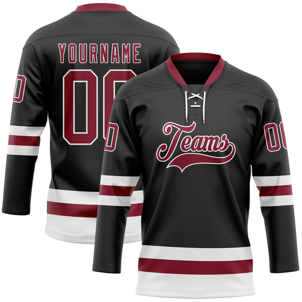 Custom Black Crimson-White Hockey Lace Neck Jersey