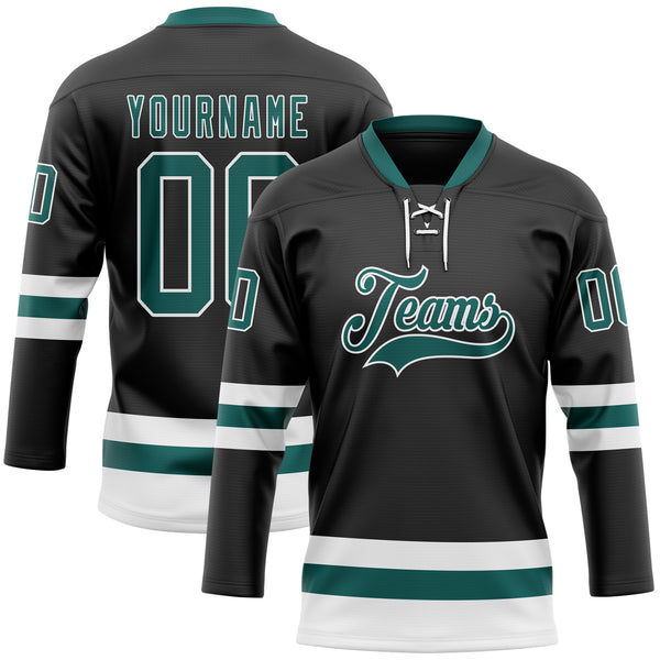 Custom Black Midnight Green-White Hockey Lace Neck Jersey