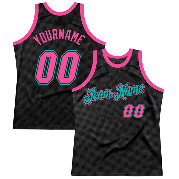 Custom Black Pink-Aqua Authentic Throwback Basketball Jersey