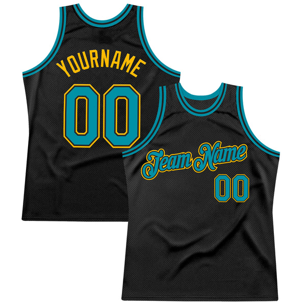 Custom Black Teal-Gold Authentic Throwback Basketball Jersey