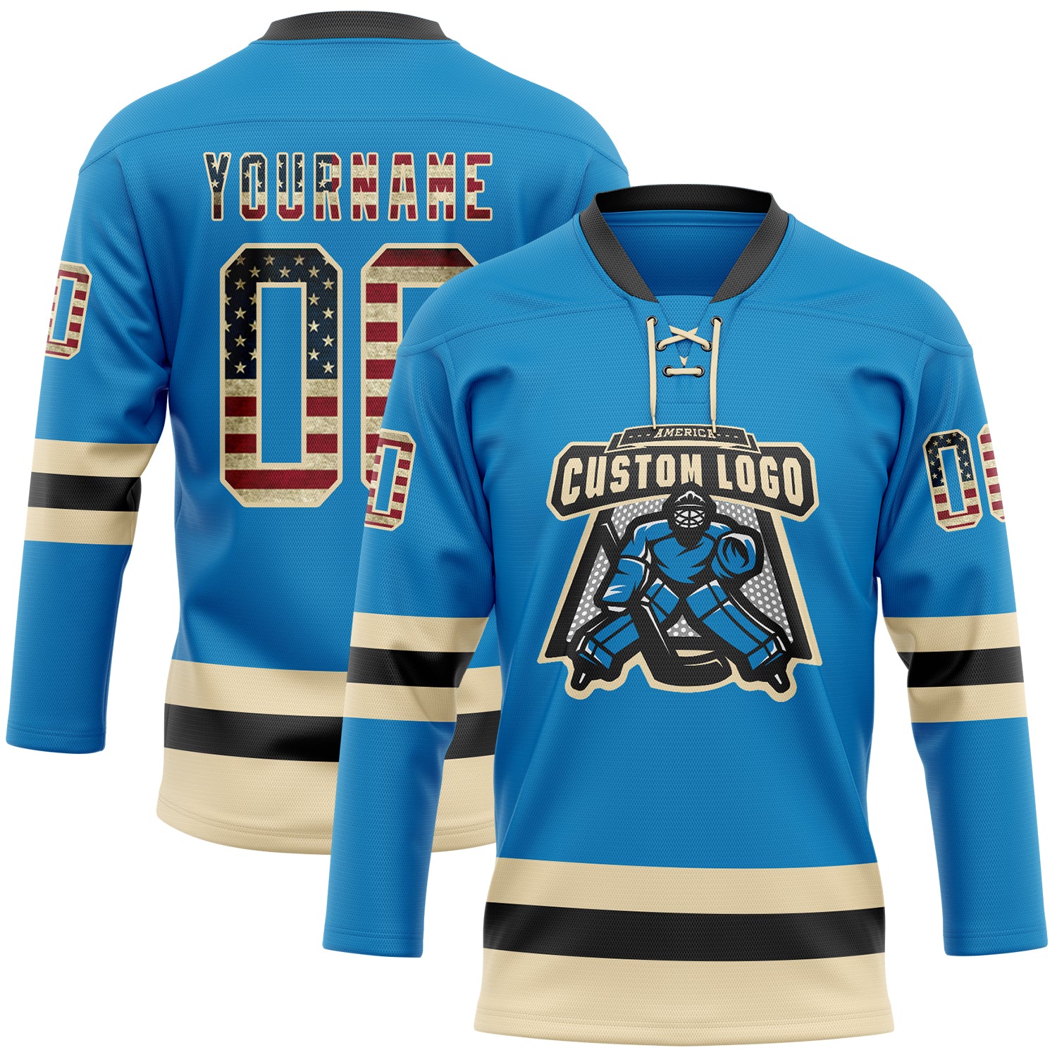 Custom Blue Vintage USA Flag Cream-Black Hockey Lace Neck Jersey