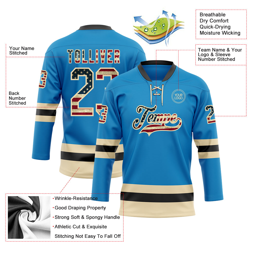 Custom Blue Vintage USA Flag Cream-Black Hockey Lace Neck Jersey