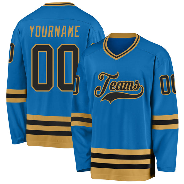 Custom Blue Black-Old Gold Hockey Jersey