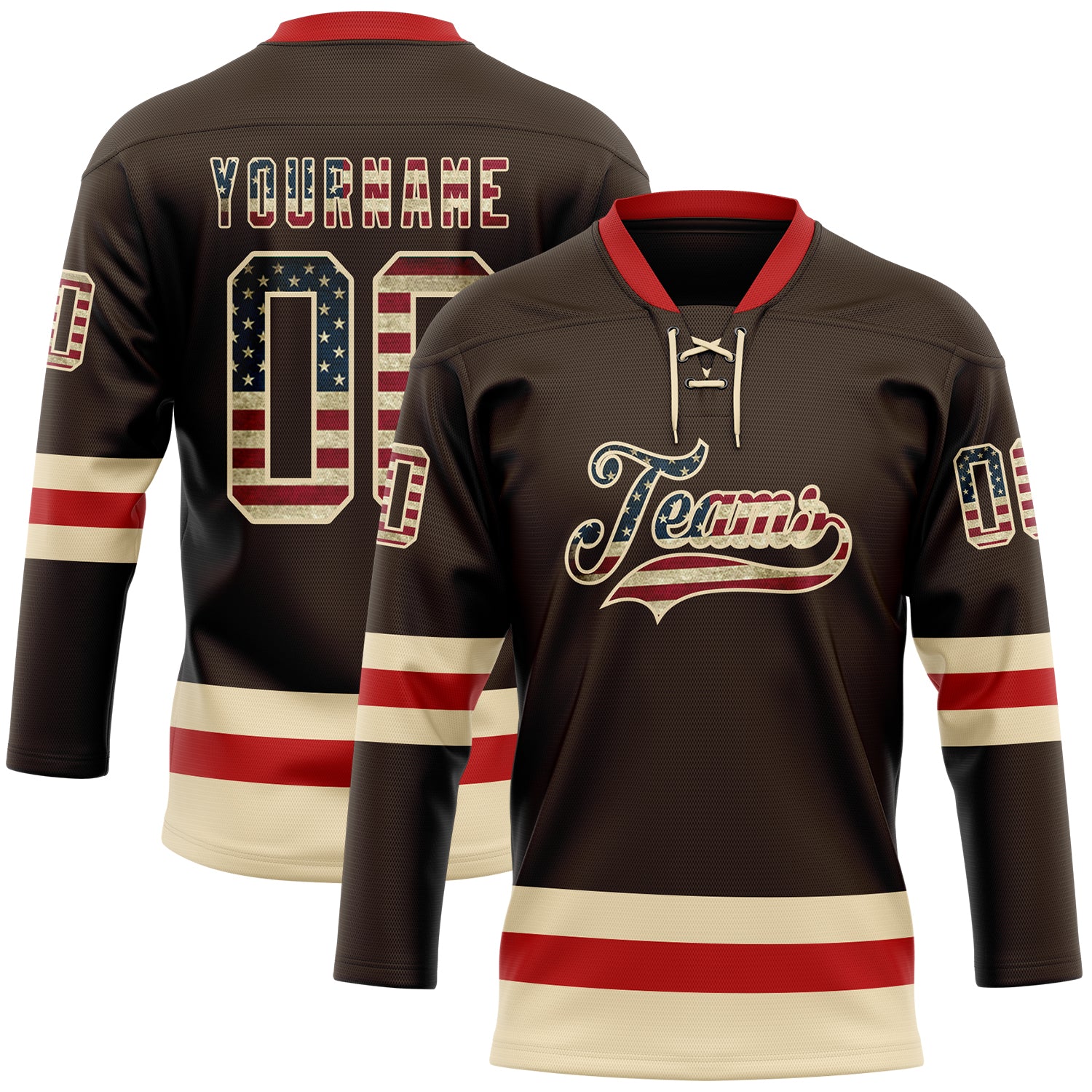 Custom Brown Vintage USA Flag Cream-Red Hockey Lace Neck Jersey