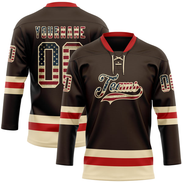 Custom Brown Vintage USA Flag Cream-Red Hockey Lace Neck Jersey