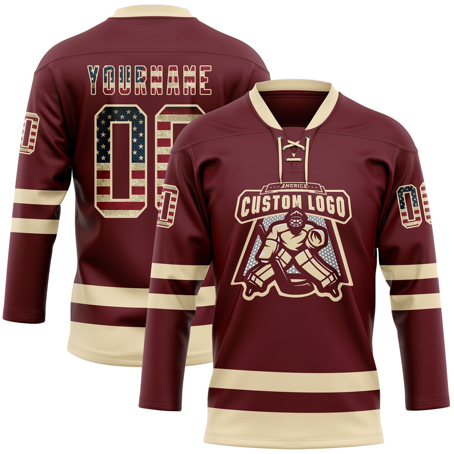 Custom Burgundy Vintage USA Flag-Cream Hockey Lace Neck Jersey