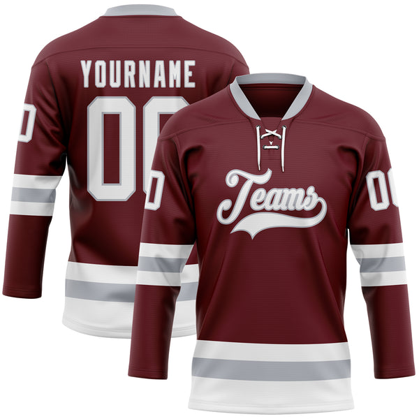 Custom Burgundy White-Gray Hockey Lace Neck Jersey