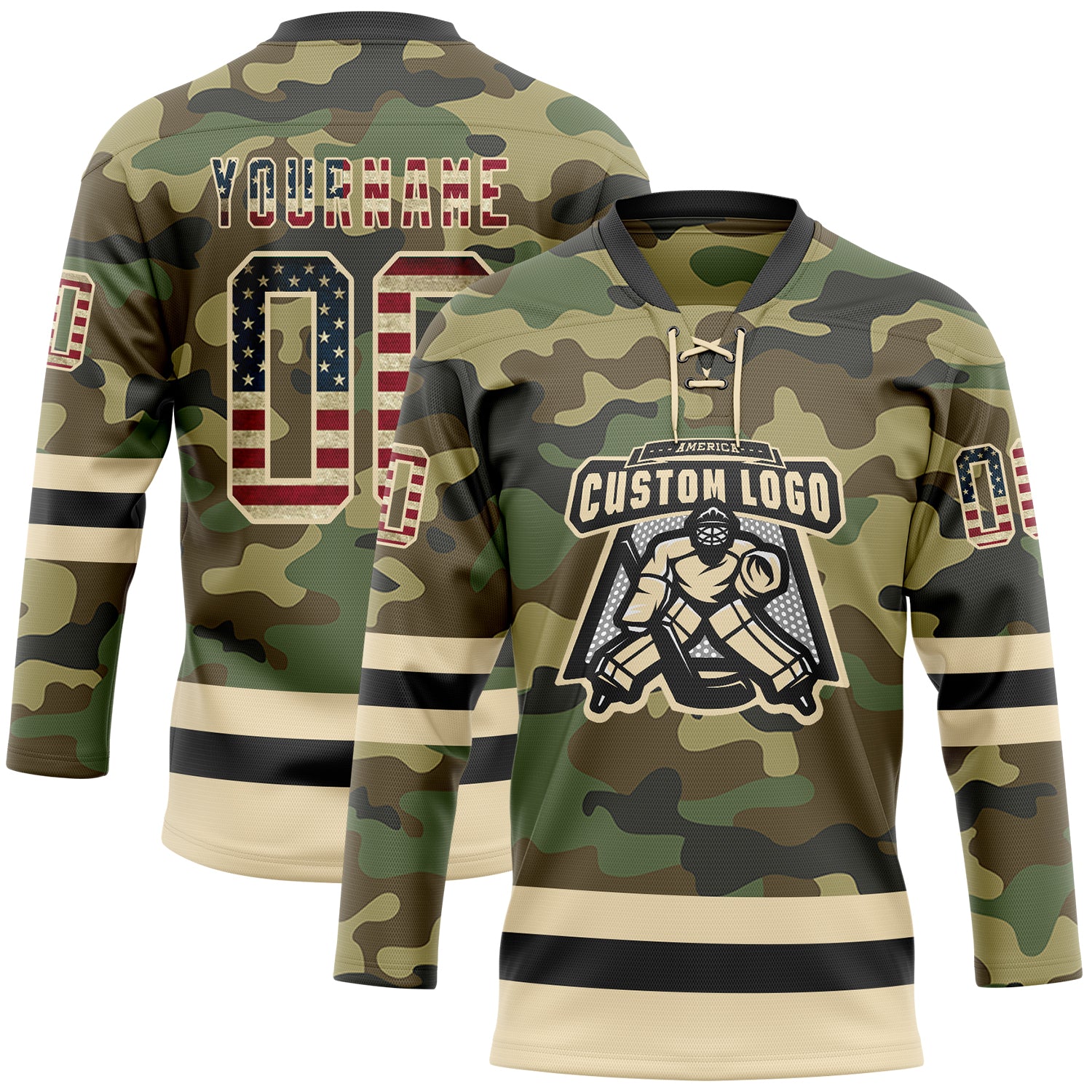 Custom Camo Vintage USA Flag Cream-Black Salute To Service Hockey Lace Neck Jersey