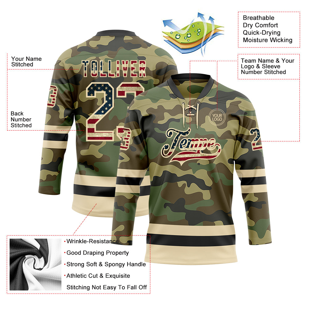 Custom Camo Vintage USA Flag Cream-Black Salute To Service Hockey Lace Neck Jersey