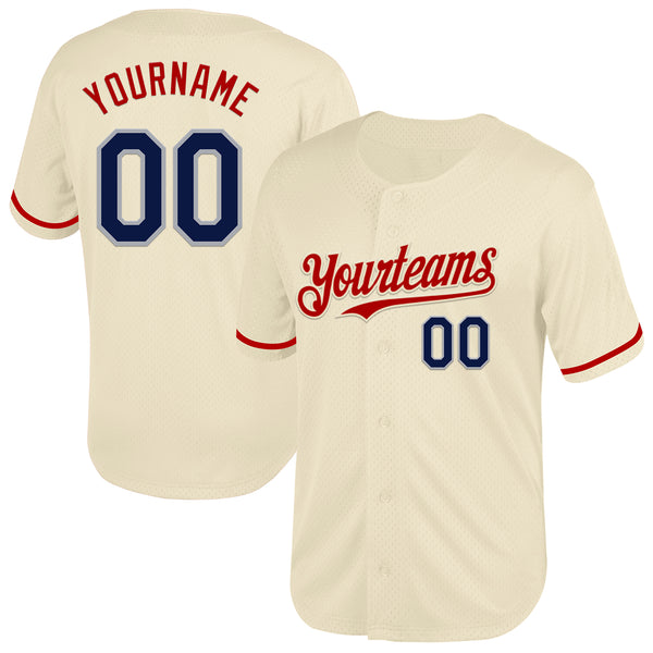 Custom Cream Navy Red-Gray Mesh Authentic Throwback Baseball Jersey