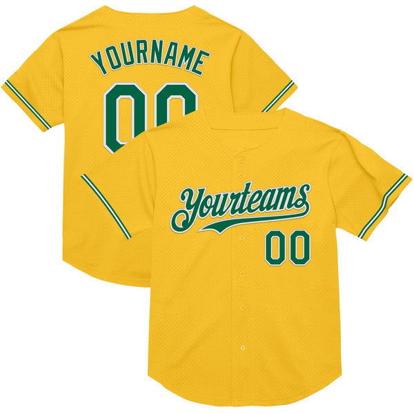 Custom Gold Kelly Green-White Mesh Authentic Throwback Baseball Jersey