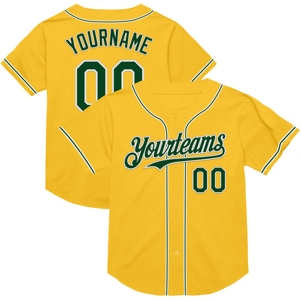 Custom Gold Green-White Mesh Authentic Throwback Baseball Jersey