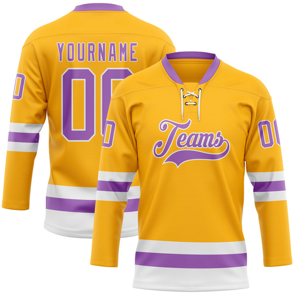 Custom Gold Medium Purple-White Hockey Lace Neck Jersey