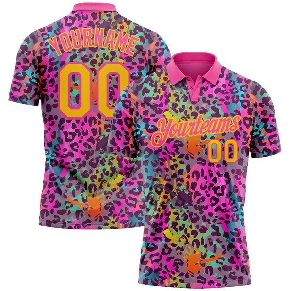 Custom Graffiti Pattern Yellow-Pink 3D Colorful Leopard Print Performance Golf Polo Shirt