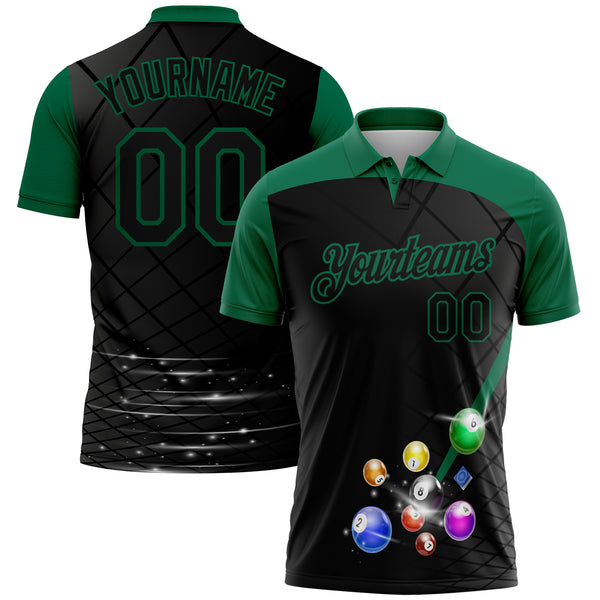 Custom Black Kelly Green 3D Pattern Design Billiards Performance Polo Shirt