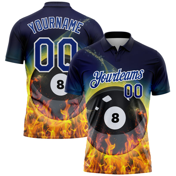 Custom Royal White 3D Pattern Design Flame Billiards 8 Ball Performance Polo Shirt