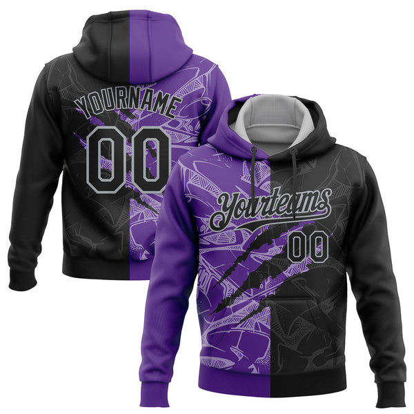 Custom Stitched Graffiti Pattern Black Purple-Gray 3D Scratch Sports Pullover Sweatshirt Hoodie