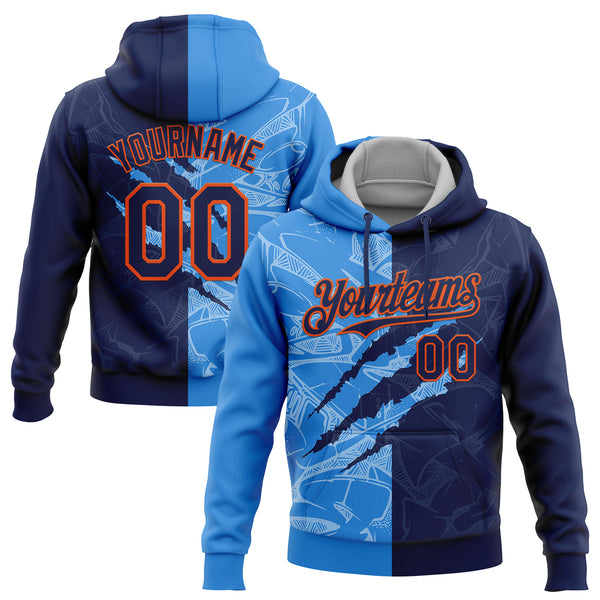 Custom Stitched Graffiti Pattern Navy Powder Blue-Orange 3D Scratch Sports Pullover Sweatshirt Hoodie