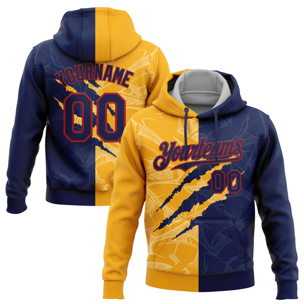 Custom Stitched Graffiti Pattern Navy Gold-Red 3D Scratch Sports Pullover Sweatshirt Hoodie