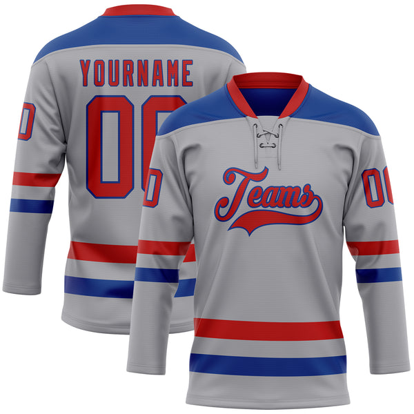 Custom Gray Red-Royal Hockey Lace Neck Jersey