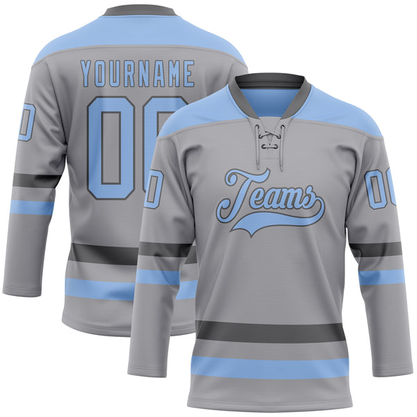 Custom Gray Light Blue-Steel Gray Hockey Lace Neck Jersey