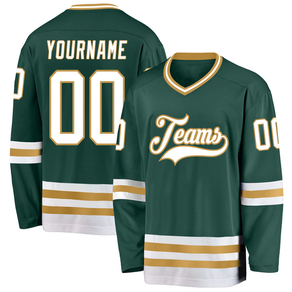 Custom Green White-Old Gold Hockey Jersey