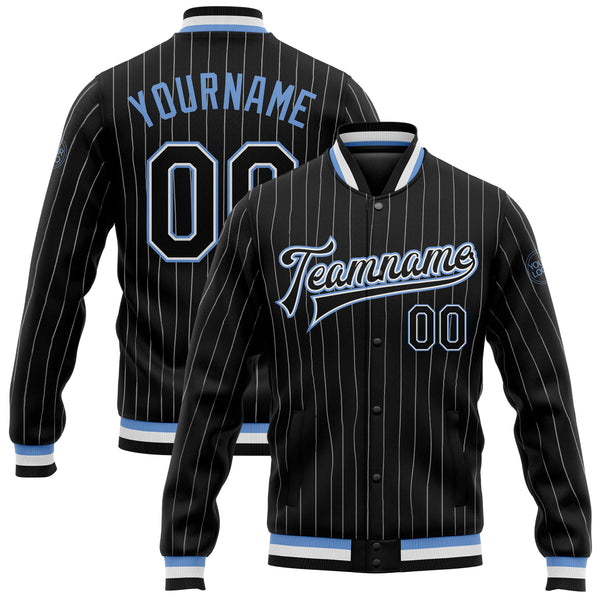 Custom Black White Pinstripe Light Blue Bomber Full-Snap Varsity Letterman Jacket