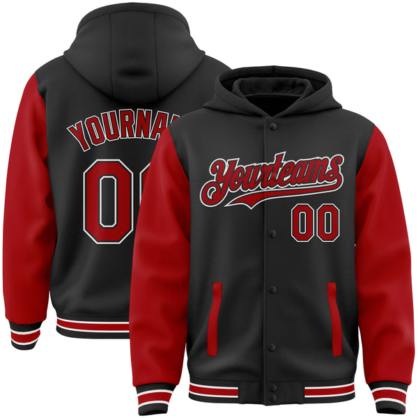 Custom Black Red-White Bomber Full-Snap Varsity Letterman Two Tone Hoodie Jacket