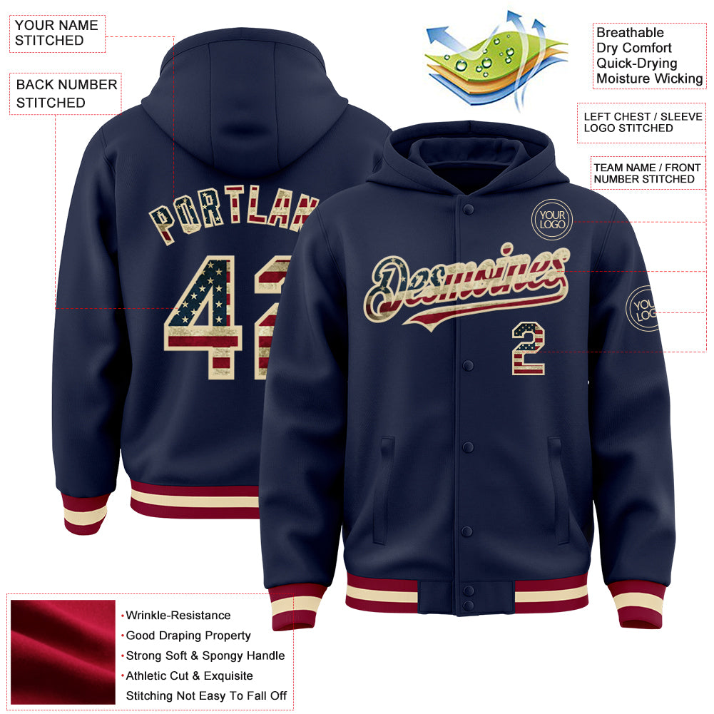 Custom Navy Vintage USA Flag Cream-Maroon Bomber Full-Snap Varsity Letterman Hoodie Jacket