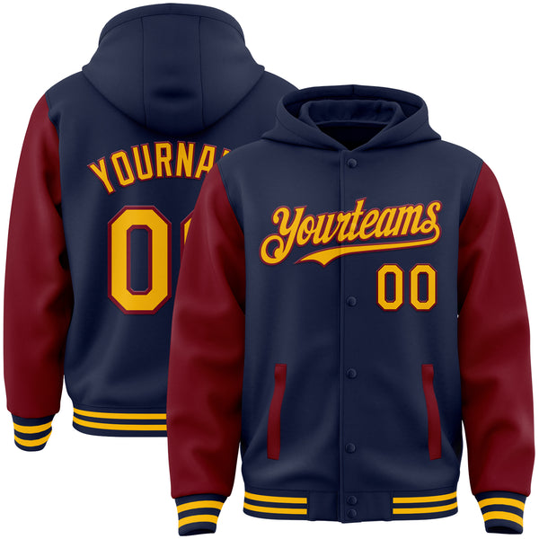 Custom Navy Gold-Crimson Bomber Full-Snap Varsity Letterman Two Tone Hoodie Jacket