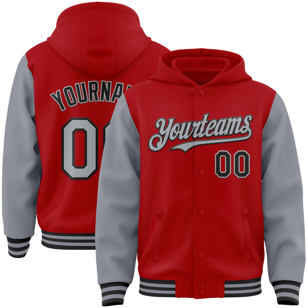 Custom Red Gray-Black Bomber Full-Snap Varsity Letterman Two Tone Hoodie Jacket